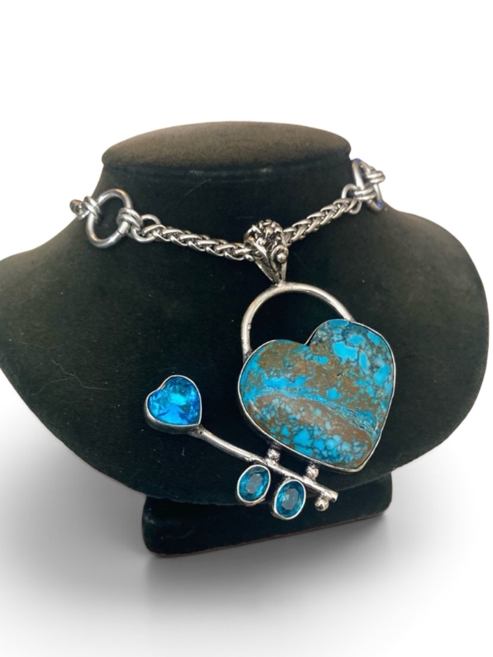Genuine blue turquoise gemstones & blue cz heart arrow boho silver necklace .
